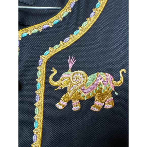 Bob Mackie wearable art black coat embroidered Elephants gold logo buttons large - Picture 15 of 16